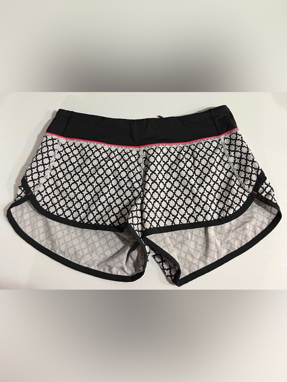 lululemon athletica Black & White Geometric Athletic Shorts with Pink Waist Trim